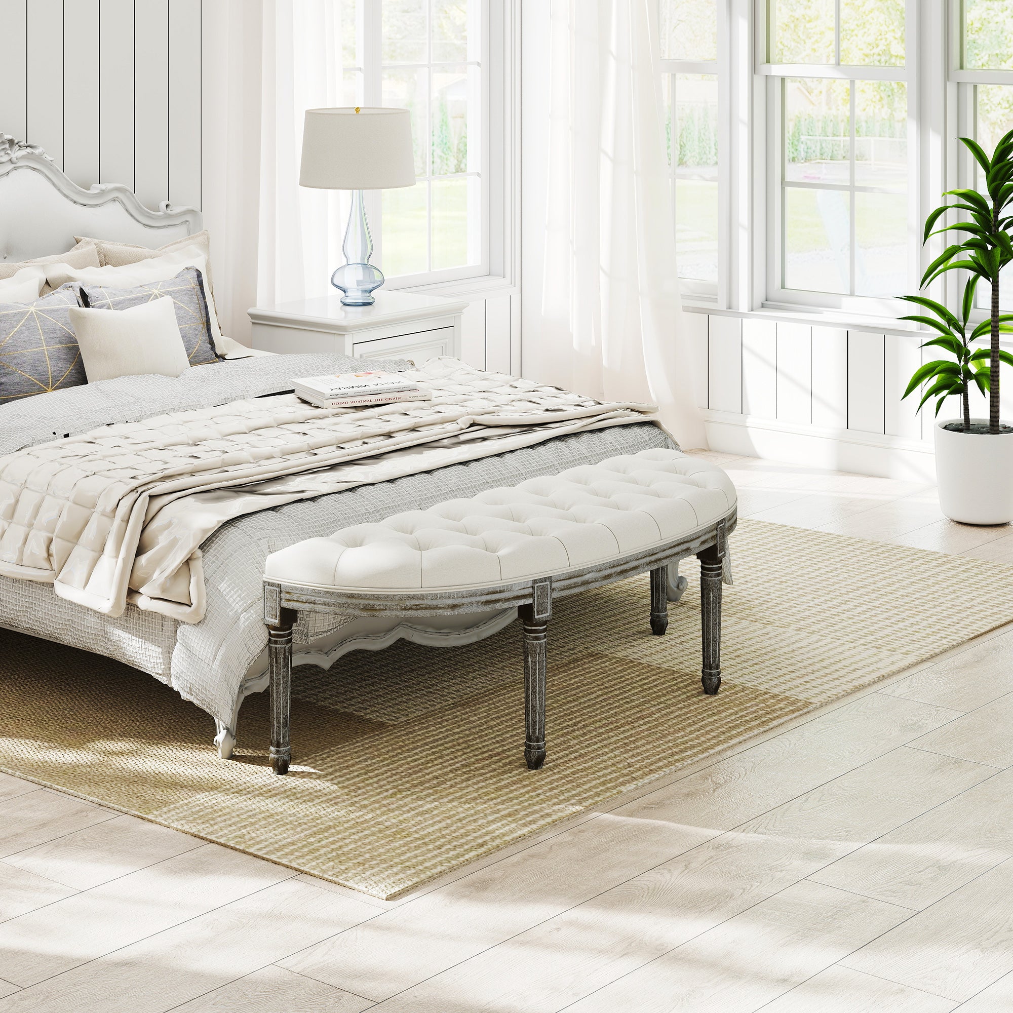 HOMCOM Half-Circle End Bench Ottoman Footstool Tufting Padded Seat Brushed Wood Base Antique Accents Home Seat Furniture Cream White and Light Wood Grain Leg